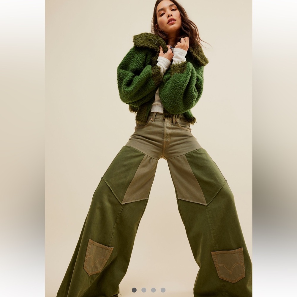 Free People Tricia Fix Reworked Denim Bell Jeans Patchwork Olive